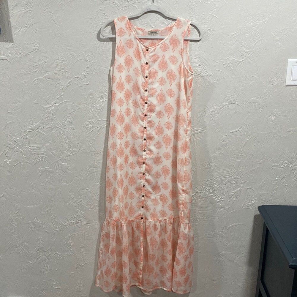 Lucky Brand Sleeveless Cream and Pink Ruffle Bottom Maxi Dress Size Small